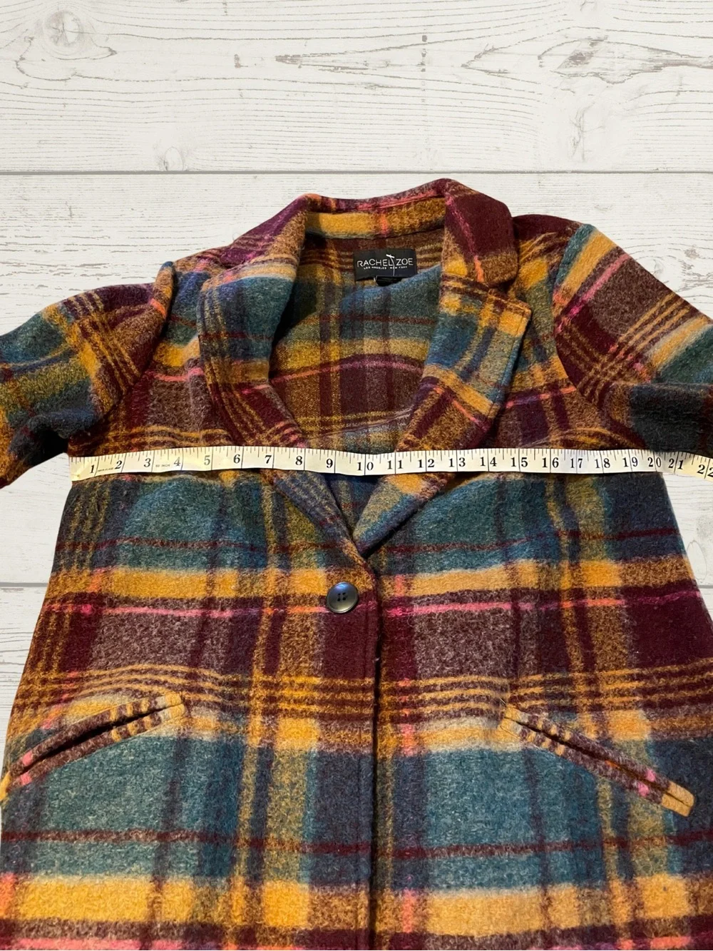 RACHEL ZOE Womens Large Plaid Wool Blend Overcoat NWOT Teal Gold Burgundy Coat - Picture 11 of 14